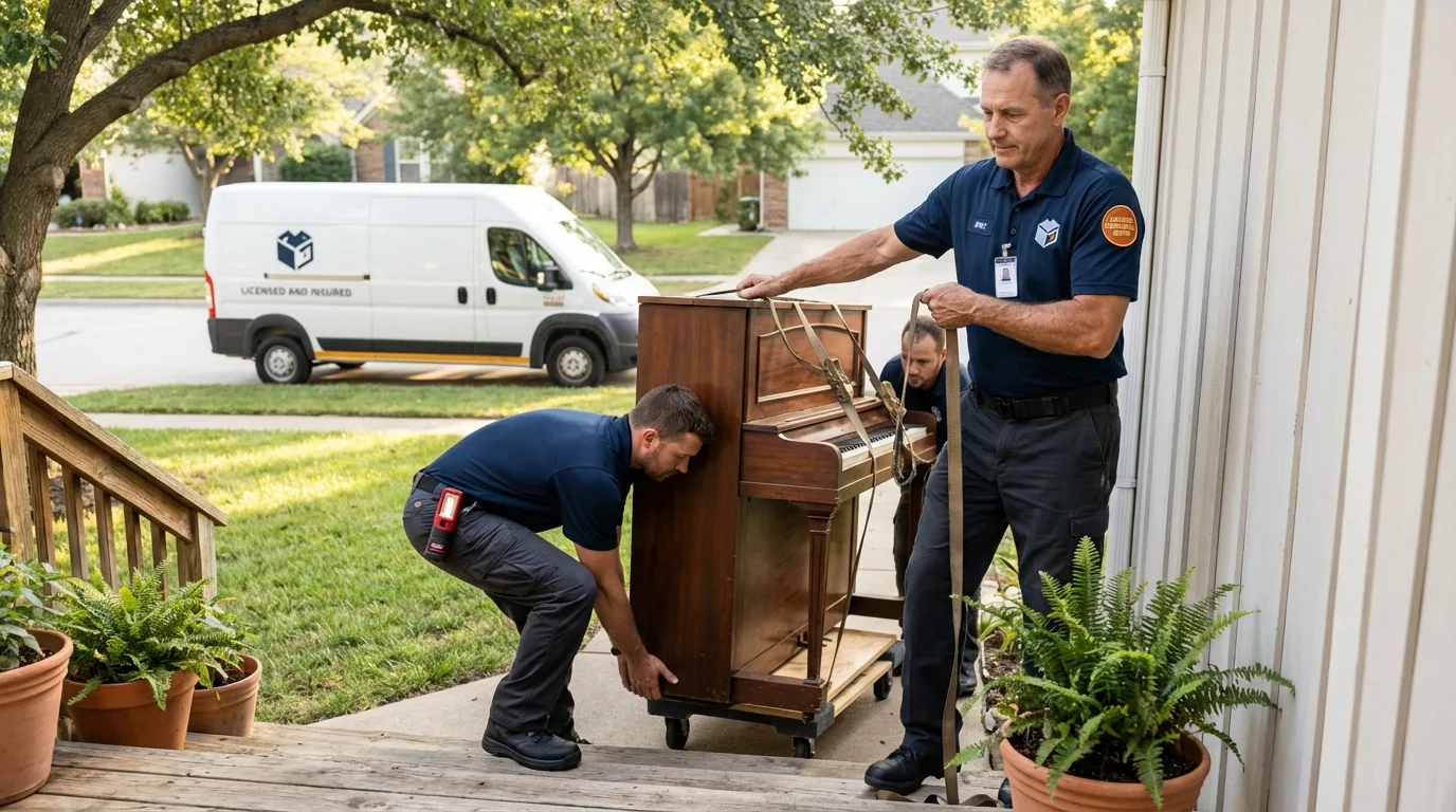 Licensed piano movers securing grand piano in Oak Hill, OH