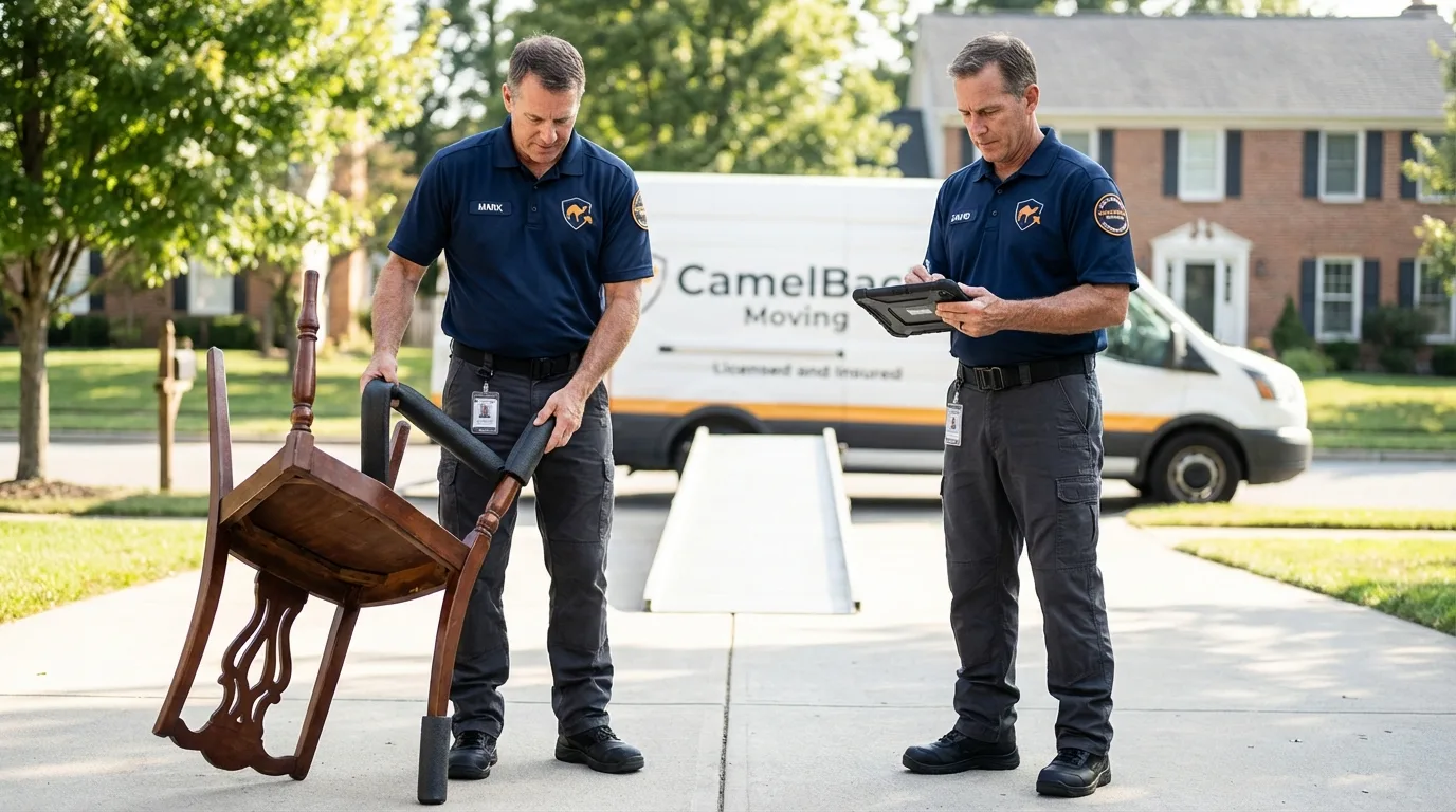 Movers inspecting furniture for damage prevention before loading in Oak Hill, OH