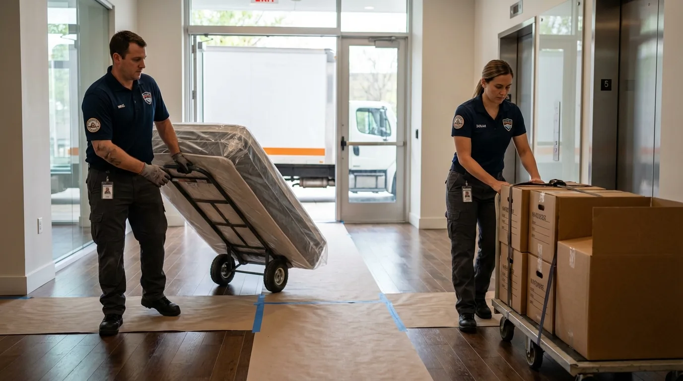 Professional apartment movers loading elevator in Oak Hill, OH