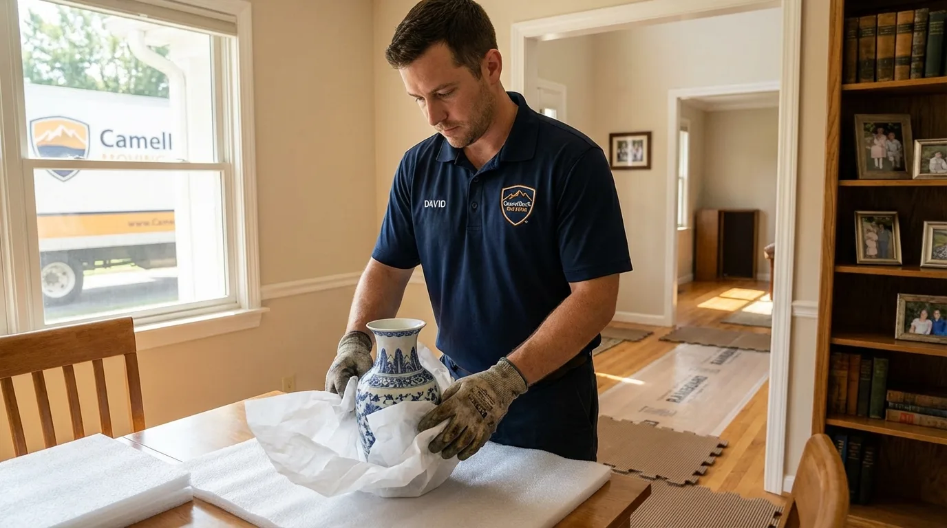 Professional crew carefully wrapping antique vase for senior downsizing move in Oak Hill, OH